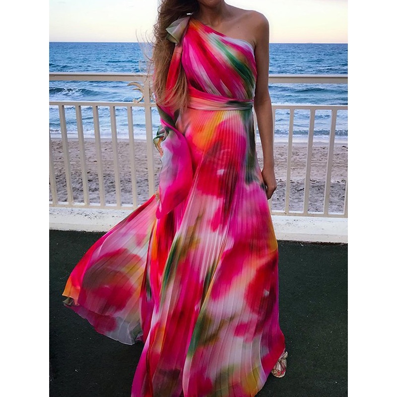 Rose Red Abstract Pattern One Shoulder Pleated Maxi Dress