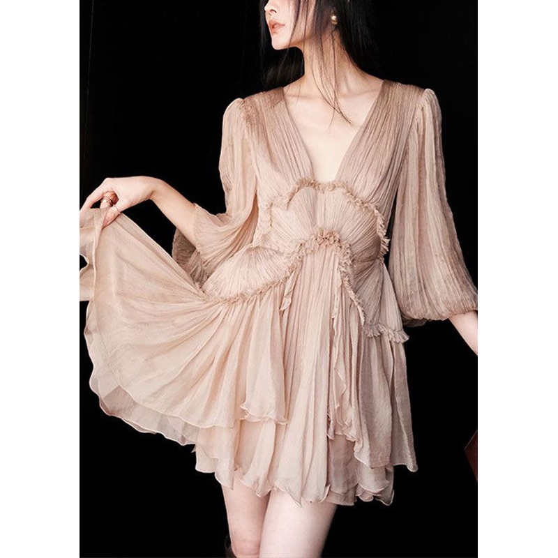 Sexy Pink Ruffled Lace Up Patchwork Chiffon Mid Dress Half Sleeve