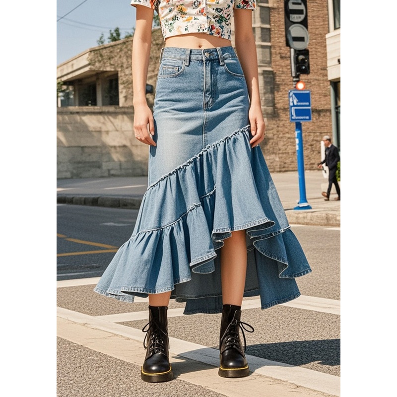 Silm Fit Blue High Waist Patchwork Ruffles Denim Wraped Skirts Spring