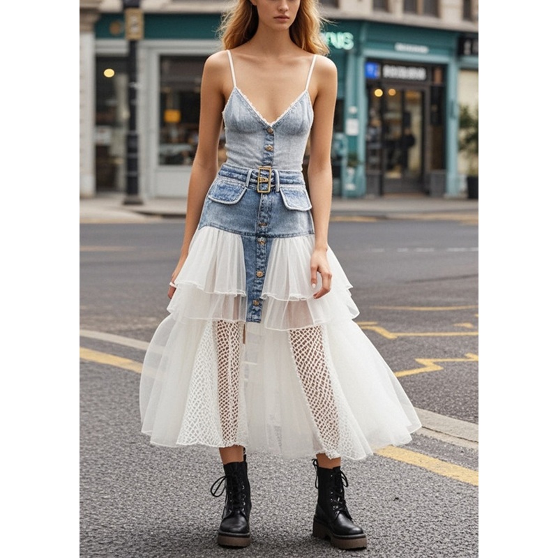 Silm Fit Light Blue Patchwork Tulle Denim Beach Dress Summer