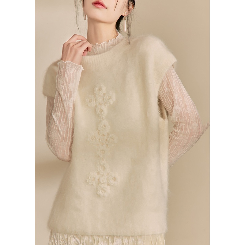 Simple Beige O-Neck Floral Cozy Cotton Knit Waistcoat Winter