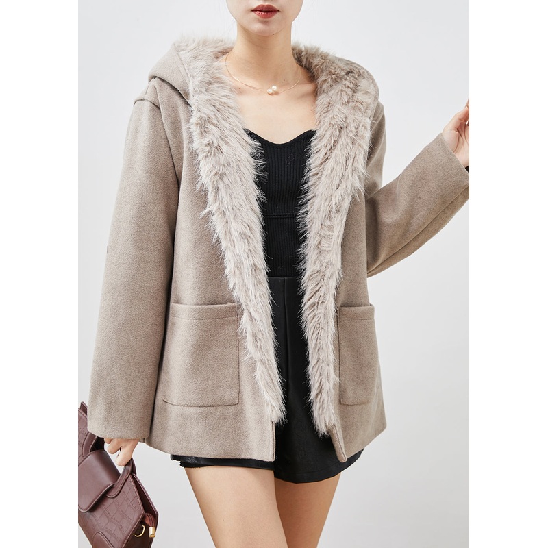 Simple Khaki Hooded Pockets Woolen Coat Fuzzy Fox Lined Winter