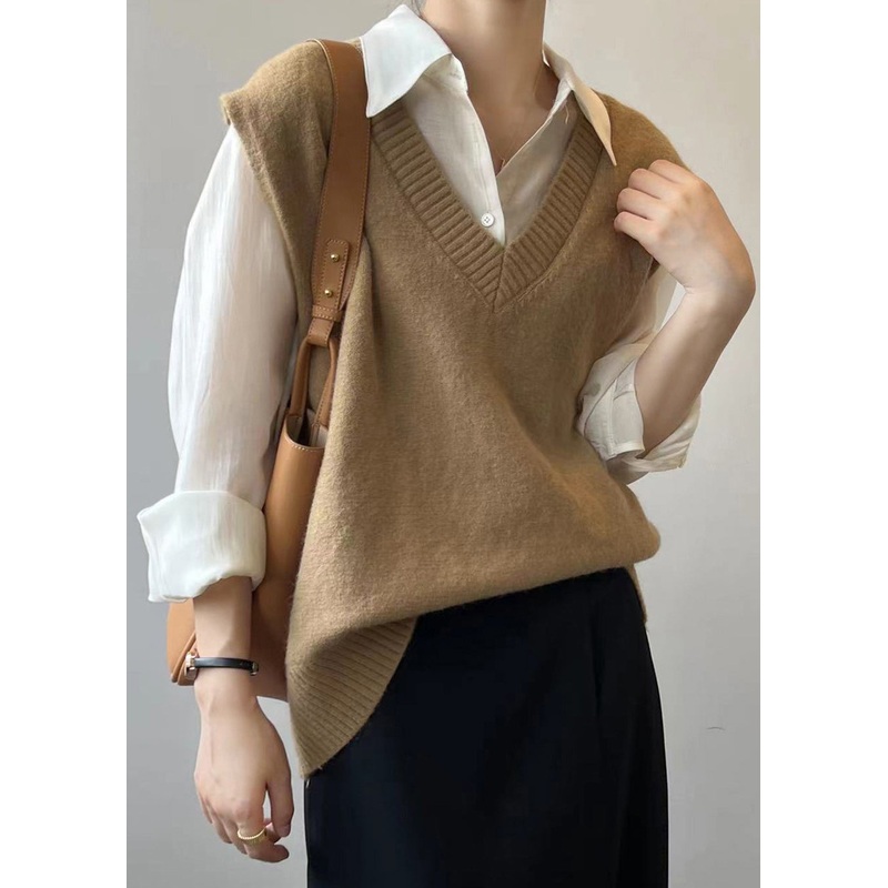 Simple Khaki V Neck Cozy Cashmere Knit Waistcoat Sleeveless