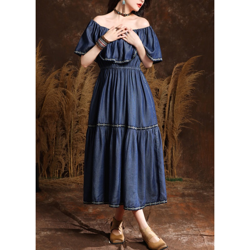 Style Blue Embroidered Patchwork Silk Cotton Long Denim Dresses Short Sleeve