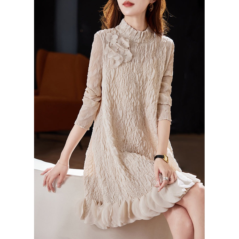 Stylish Apricot Embroidered Nail Bead Mid Dress Spring