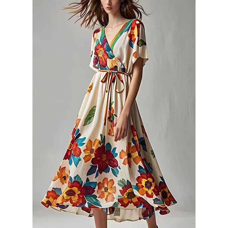 Stylish Beige Print Lace Up Cotton Maxi Dresses Summer