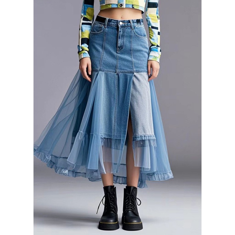 Stylish Blue Asymmetrical Patchwork Tulle Denim Skirt Spring