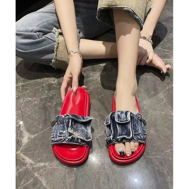 Stylish Blue Denim Platform Slide Sandals Peep Toe