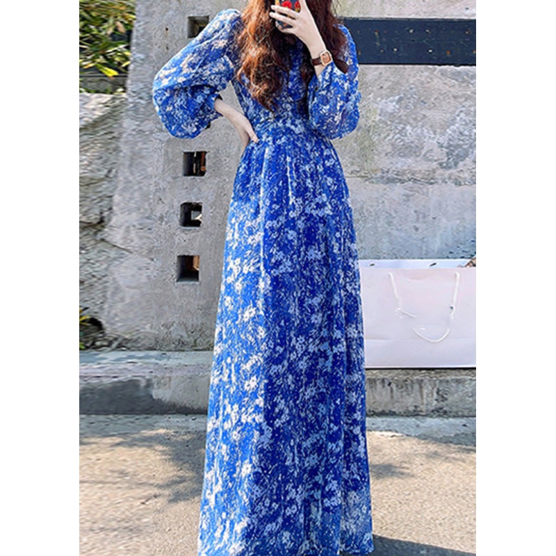 Stylish Blue Print High Waist Side Open Long Dresses Spring