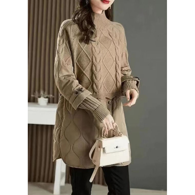 Stylish Khaki High Neck Thick Patchwork Knit Sweaters Fall