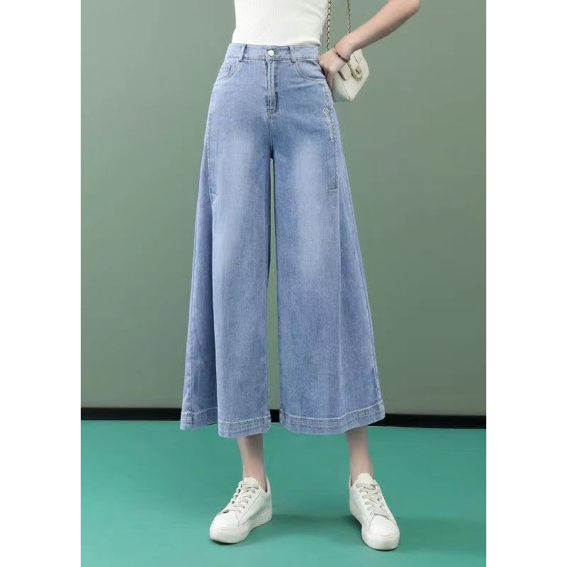 Stylish Light Blue Pockets High Waist Denim Wide Leg Pants Spring