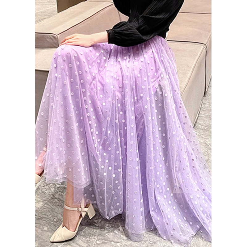Stylish Purple Dot Elastic Waist Tulle Maxi Skirts