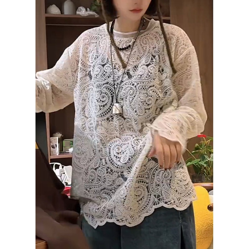 Stylish White O-Neck Hollow Out Lace T Shirt Spring