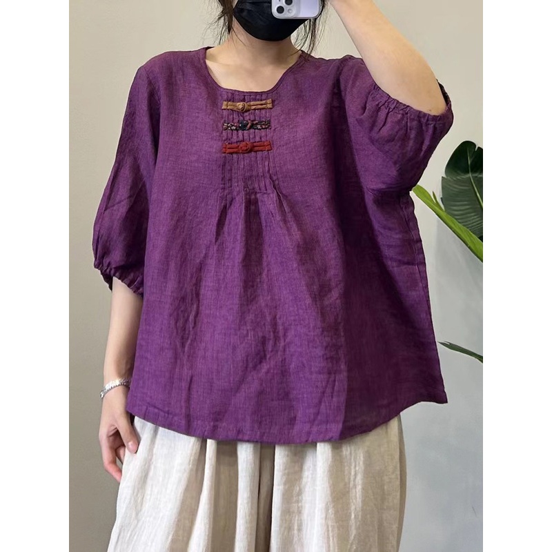Summer Vintage Solid Buckle Linen Tops Half Sleeve