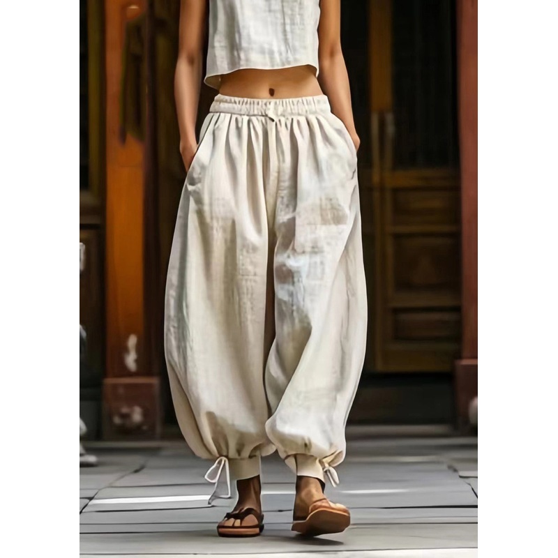 Unique Beige Drawstring Elastic Waist Beam Pants