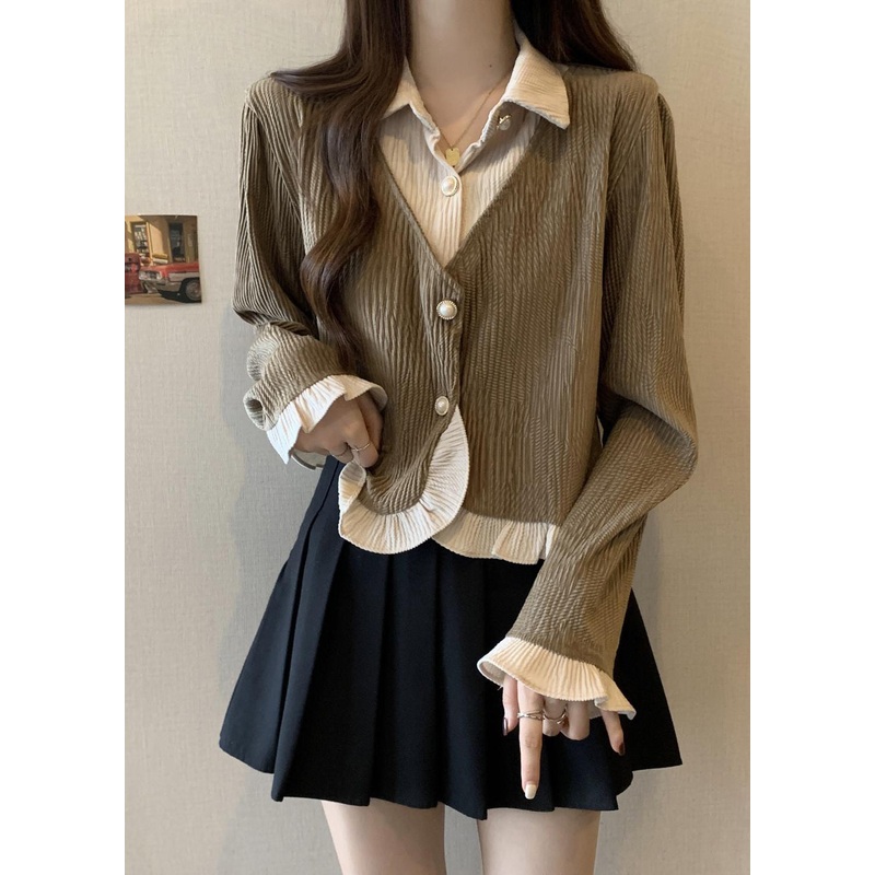Unique Khaki Ruffled Patchwork False Two Pieces Corduroy Top Fall