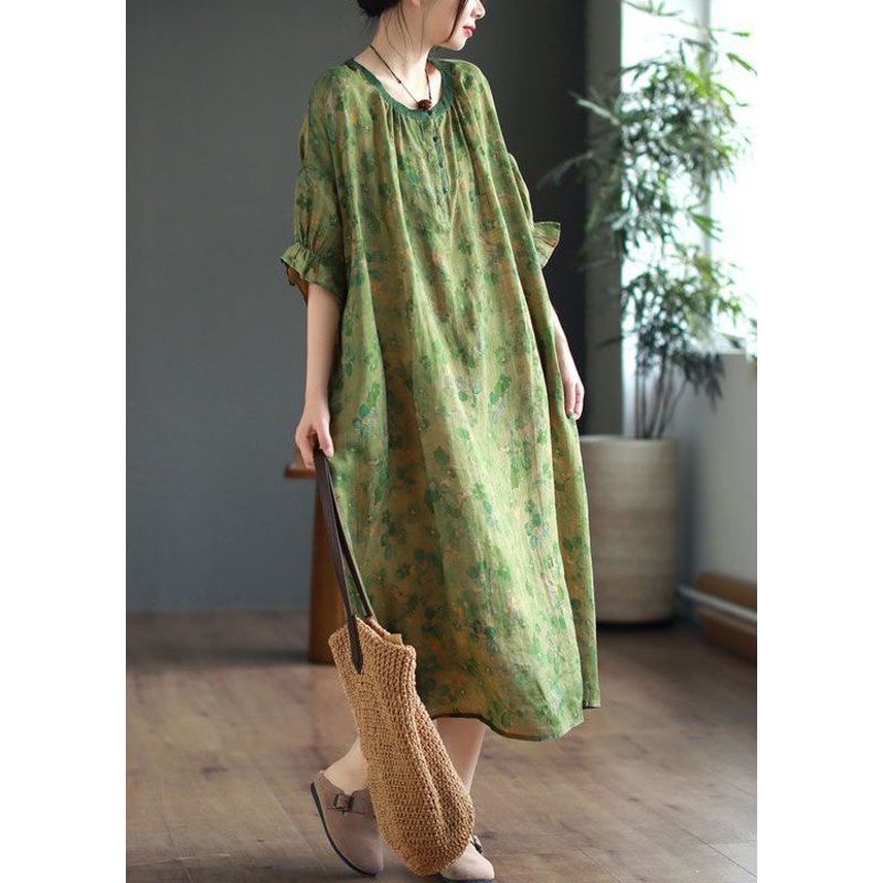 Vintage Green Ruffled Lace Up Print Linen Dress Half Sleeve