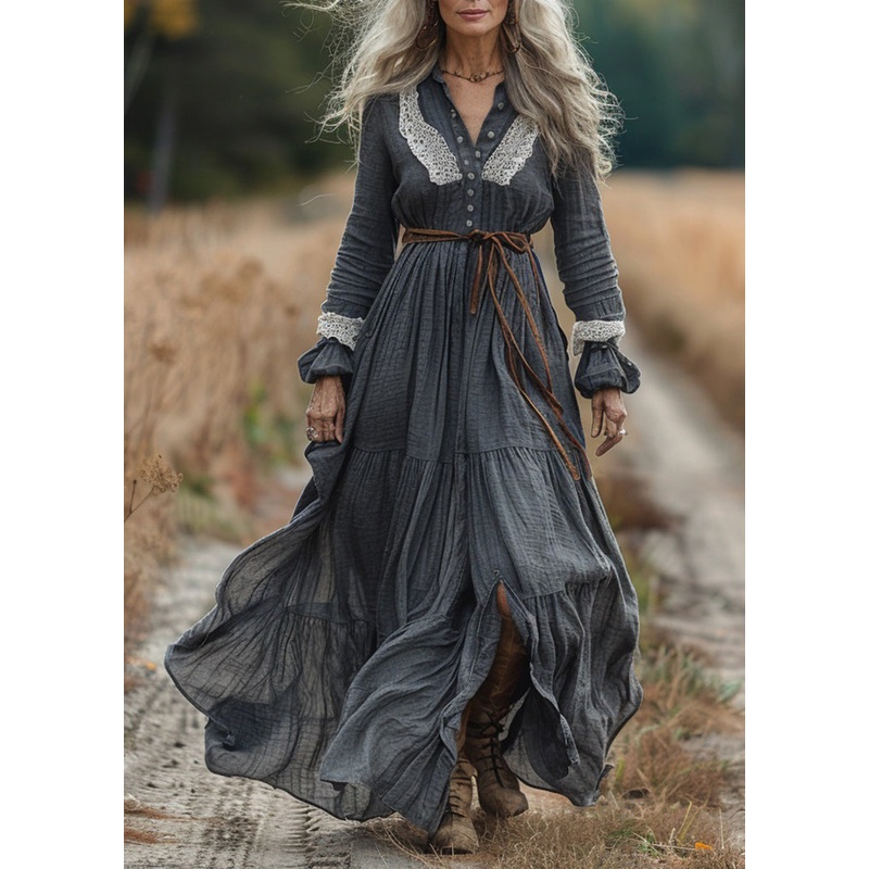 Vintage Pastoral Style Lace Patchwork Cotton Long Dresses Spring