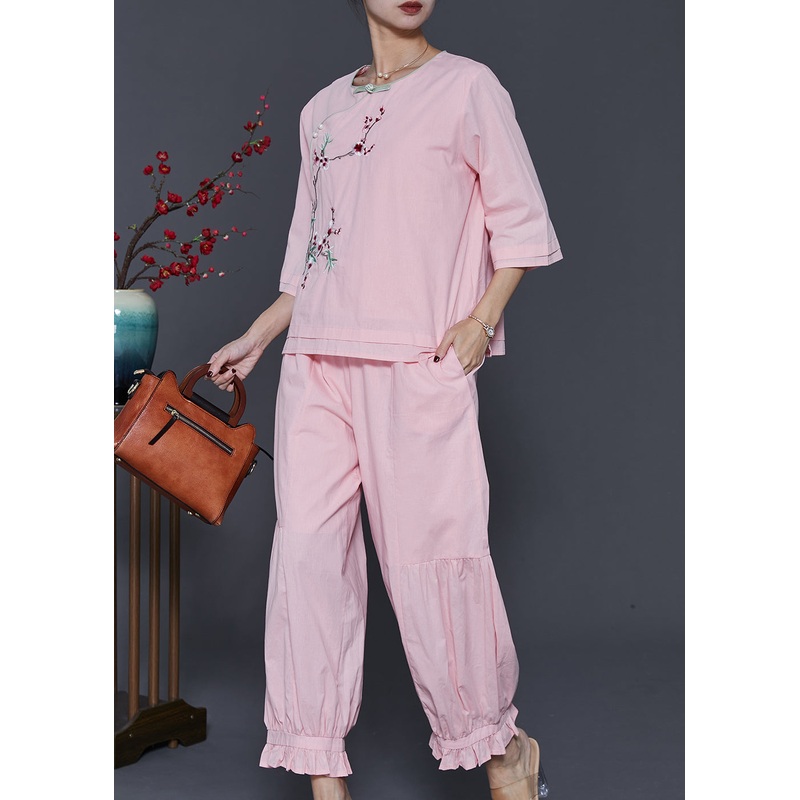 Vintage Pink Embroidered Patchwork Cotton Two-Piece Set Spring