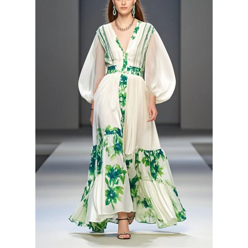 White Print Silk Vacation Dresses Exra Large Hem Lantern Sleeve