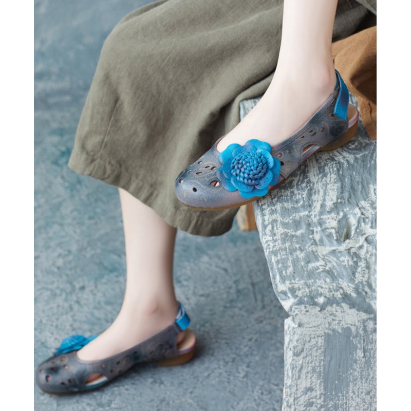 Women Blue Cowhide Splicing Buckle Strap Sandals