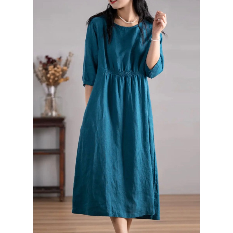 Women Blue O Neck Pockets Wrinkled Linen Dresses Summer