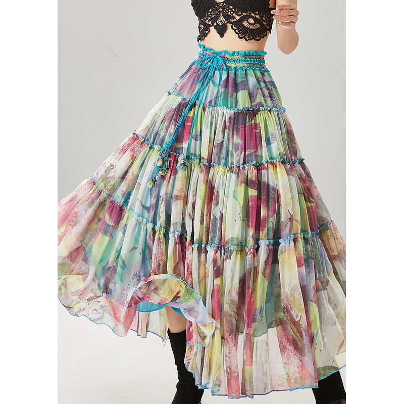 Women Blue Ruffled Print Chiffon Holiday Skirt Spring