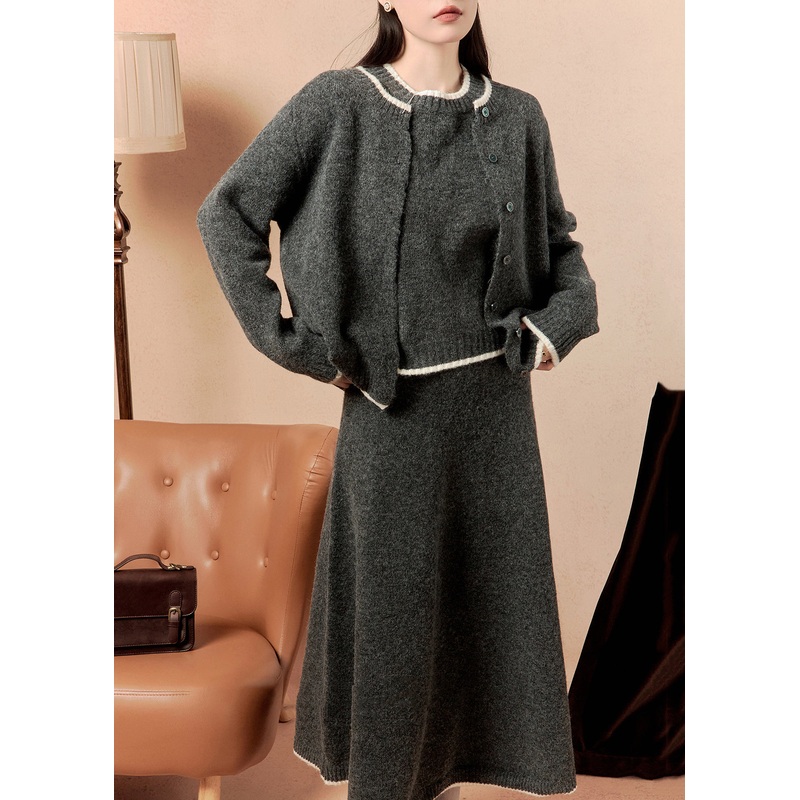 Women Dark Gray O Neck Button Knit Three Pieces Set Winter