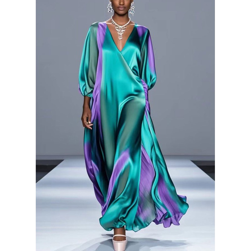 Women Green Oversized Tie Dye Silk Robe Dresses Bracelet Sleeve