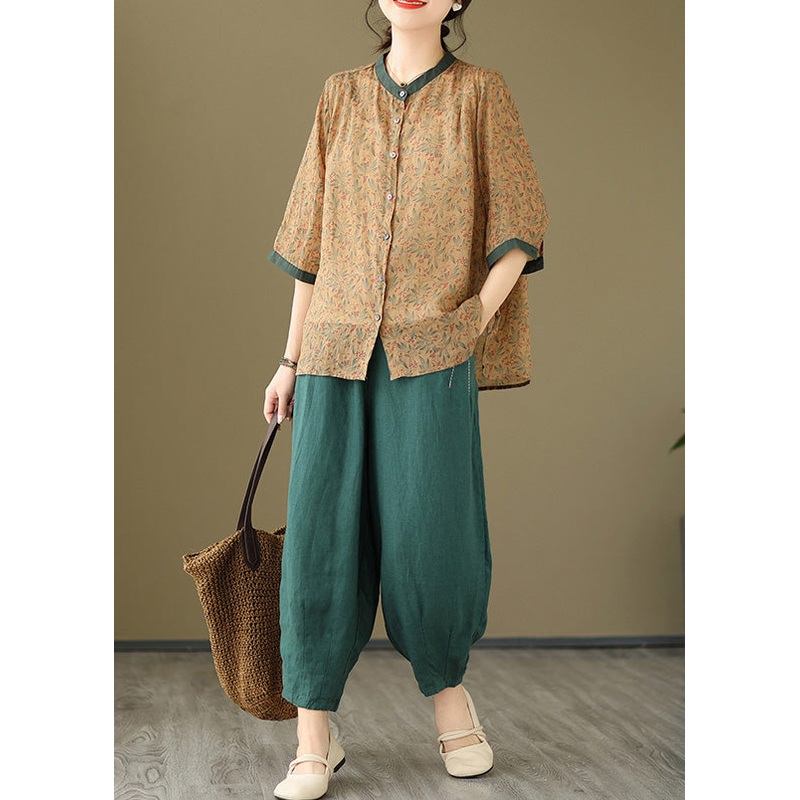 Women Khaki Pink Tops And Linen Crop Pants Cotton Two Pieces Set Spring