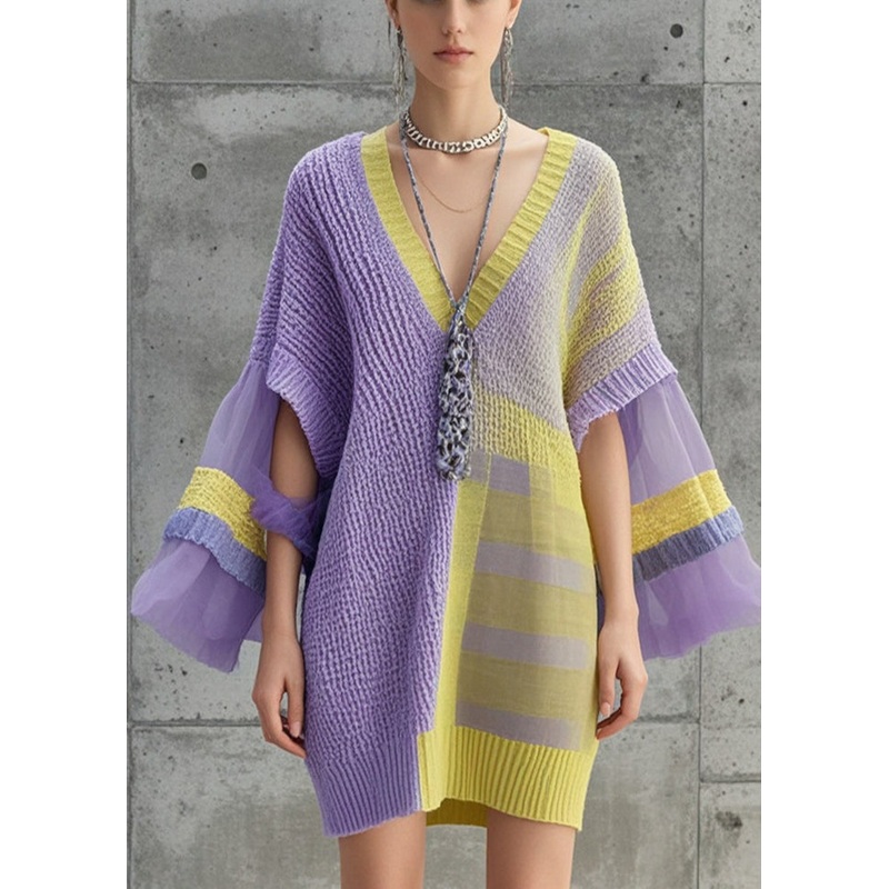Women Lavender Asymmetrical Patchwork Tulle Knitwear Dress Fall
