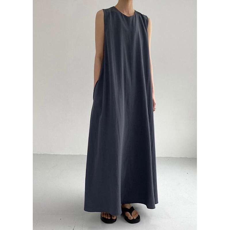 Women Navy O-Neck Solid Maxi Dress Summer