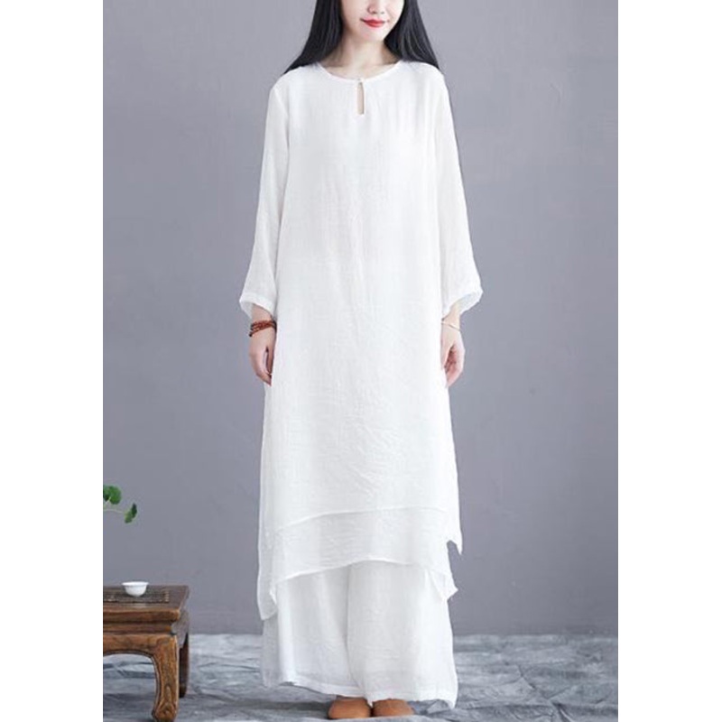 Women White O Neck Side Open Cotton Two Pieces Set Long Sleeve