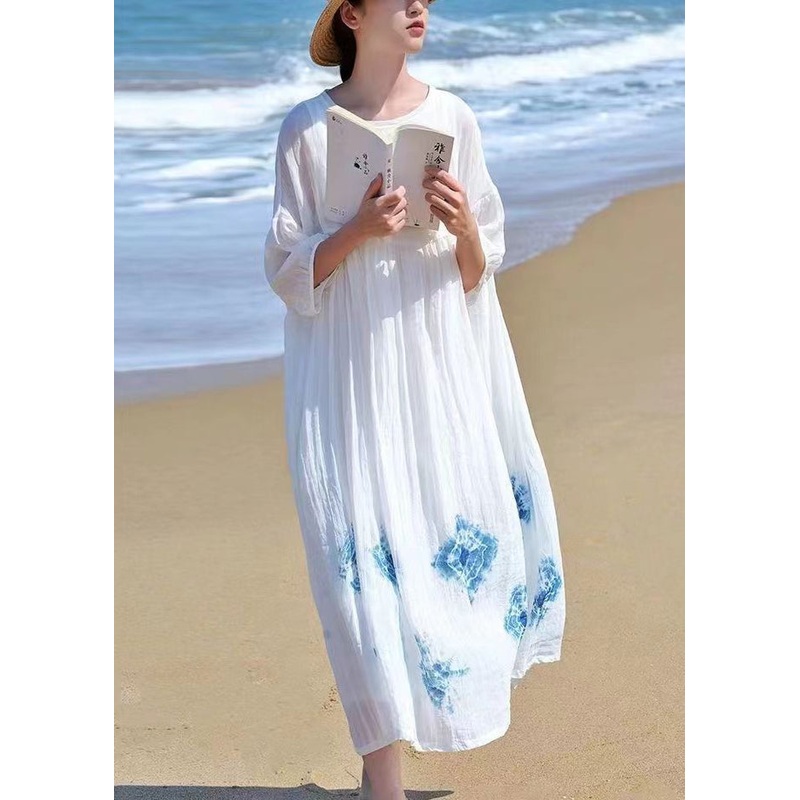 Women White O Neck Tie Dye Linen Dress Bracelet Sleeve