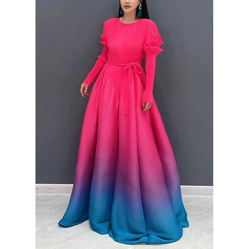 2024 Red O-Neck Gradient Color Maxi Dresses Long Sleeve