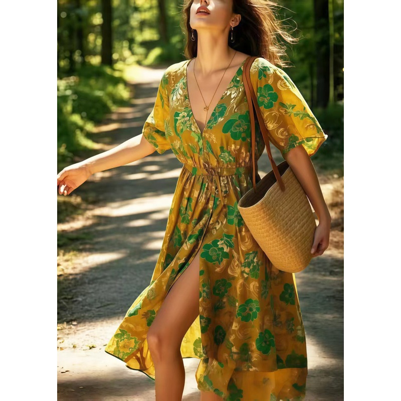 Art Khaki Print Cotton Vacation Dress Side Open Summer