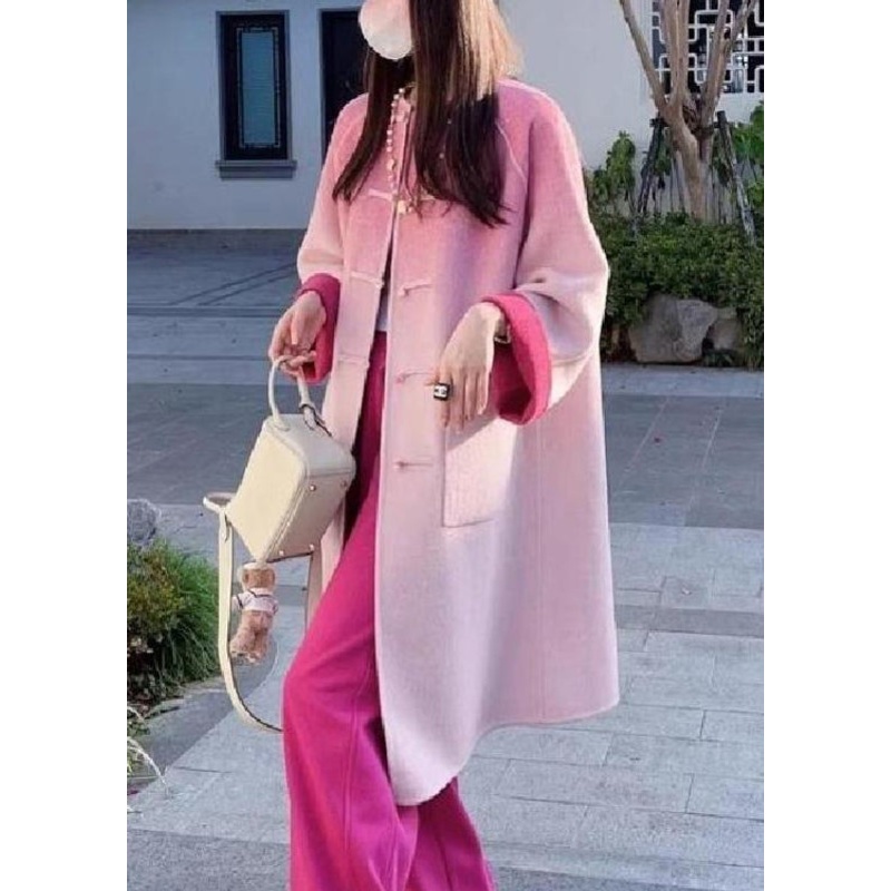 Art Pink Gradient Color Button Pockets Woolen Coat Winter