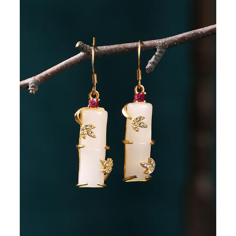 Art White Ancient Gold Inlaid Zircon Jade Bamboo Joint Drop Earrings