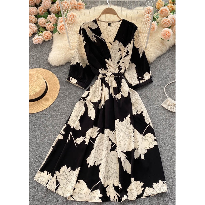 Beautiful Black V Neck Print Chiffon Dresses Half Sleeve