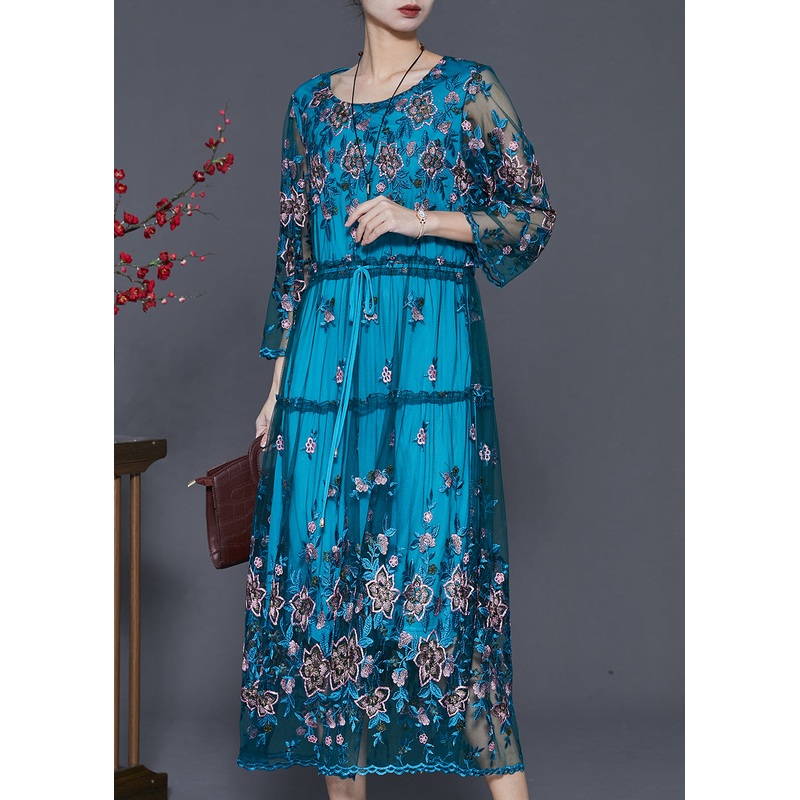 Beautiful Blue Embroidered Tulle Cinched Dresses Summer