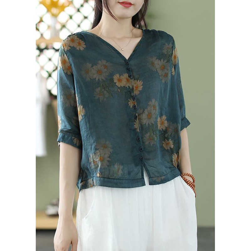 Beautiful Blue V Neck Button Print Cotton Shirt Summer