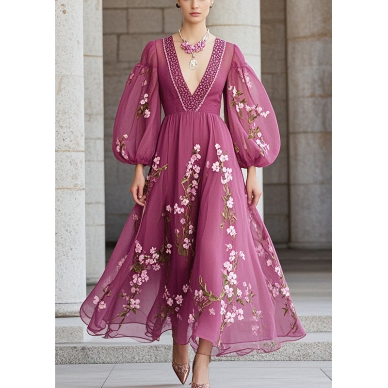 Beautiful Purple Print Chiffon Party Dress Lantern Sleeve