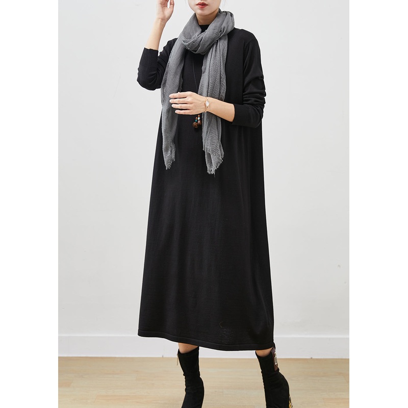 Black Silm Fit Knit Long Dress Stand Collar Spring