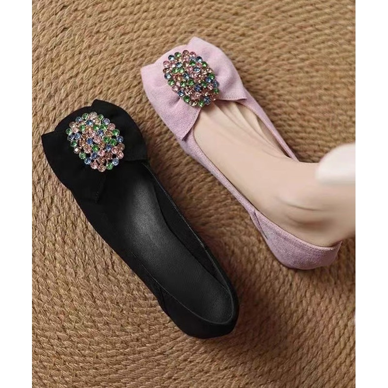 Black Suede Bow Zircon Splicing Comfy Penny Loafers