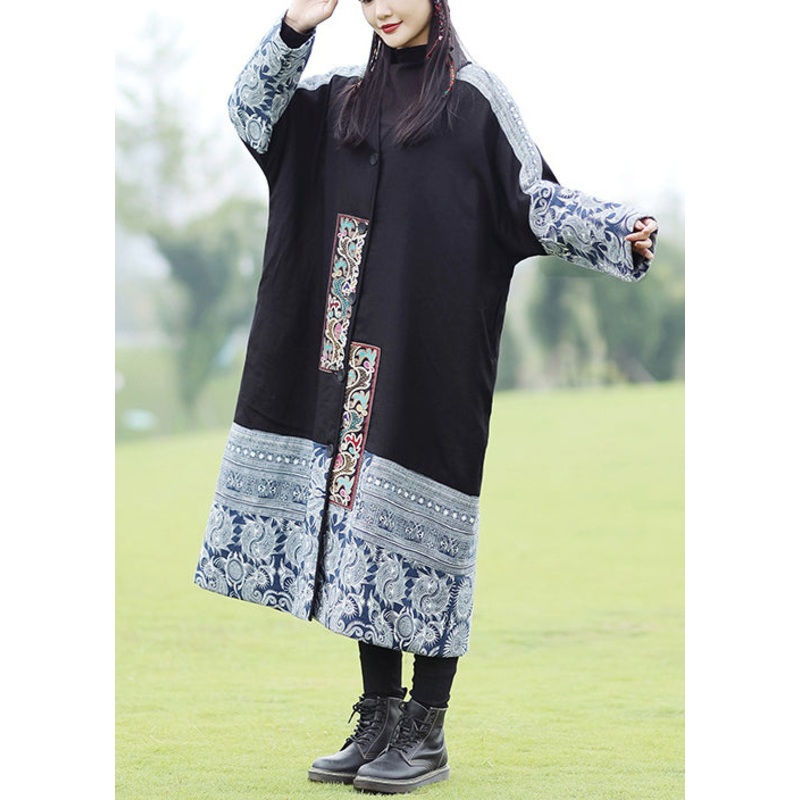 Bohemian Black Embroidered Patchwork Fine Cotton Filled Coat Spring