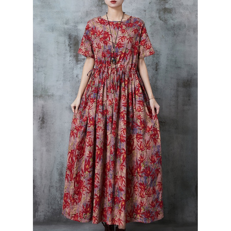 Bohemian Maple Leaves Print Linen Cinched Dress Summer