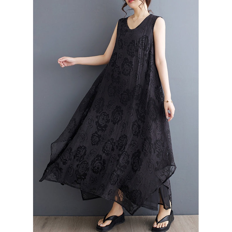 Boho Black O-Neck Asymmetrical Hollow Out Floral Holiday Lace Maxi Dress Summer