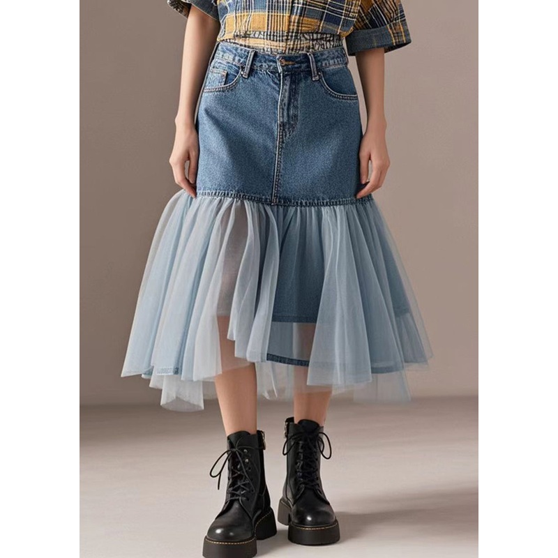 Boho Blue Wraped Patchwork Tulle Denim Skirts Spring