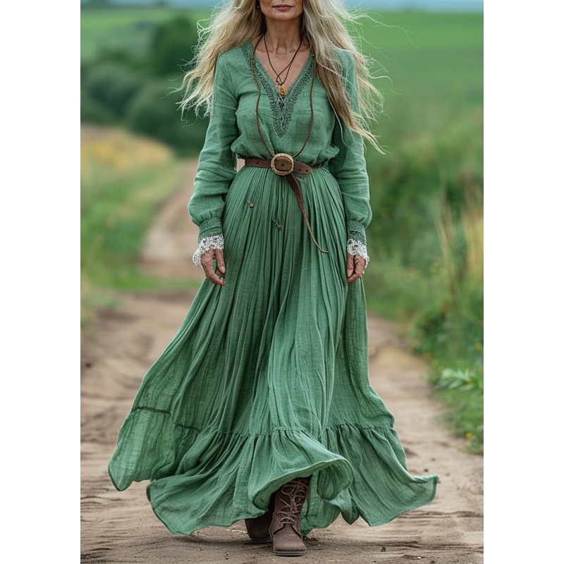 Boho Green V Neck Wrinkled Patchwork Cotton Dresses Spring