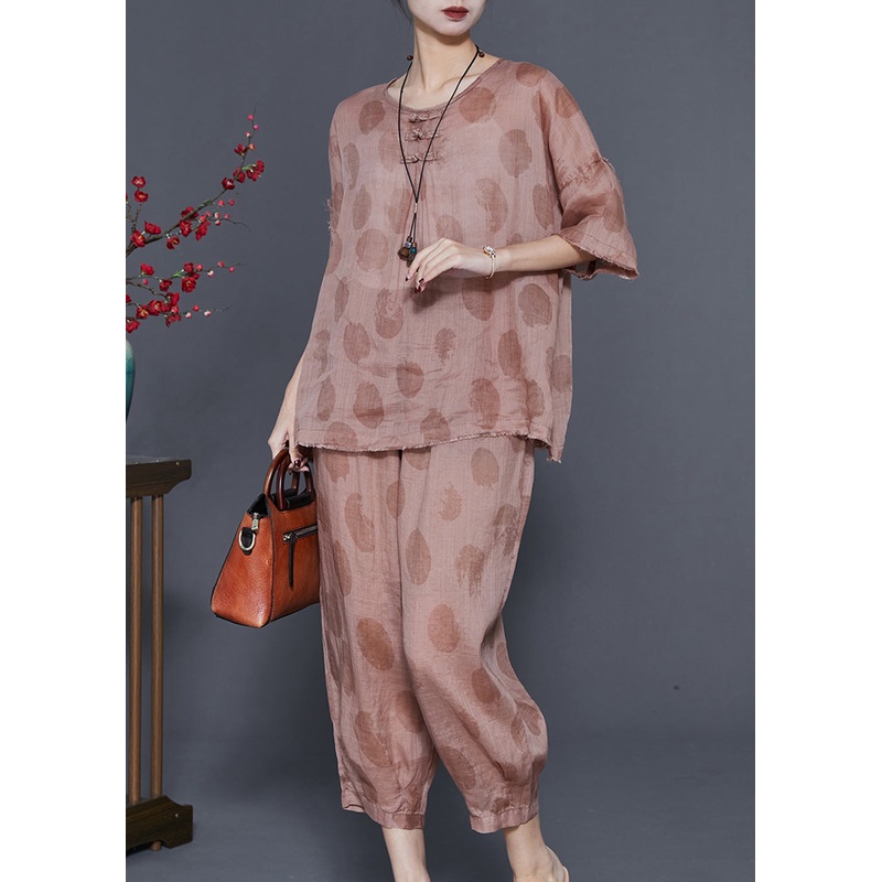 Boutique Khaki Oversized Print Linen Two Pieces Set Summer